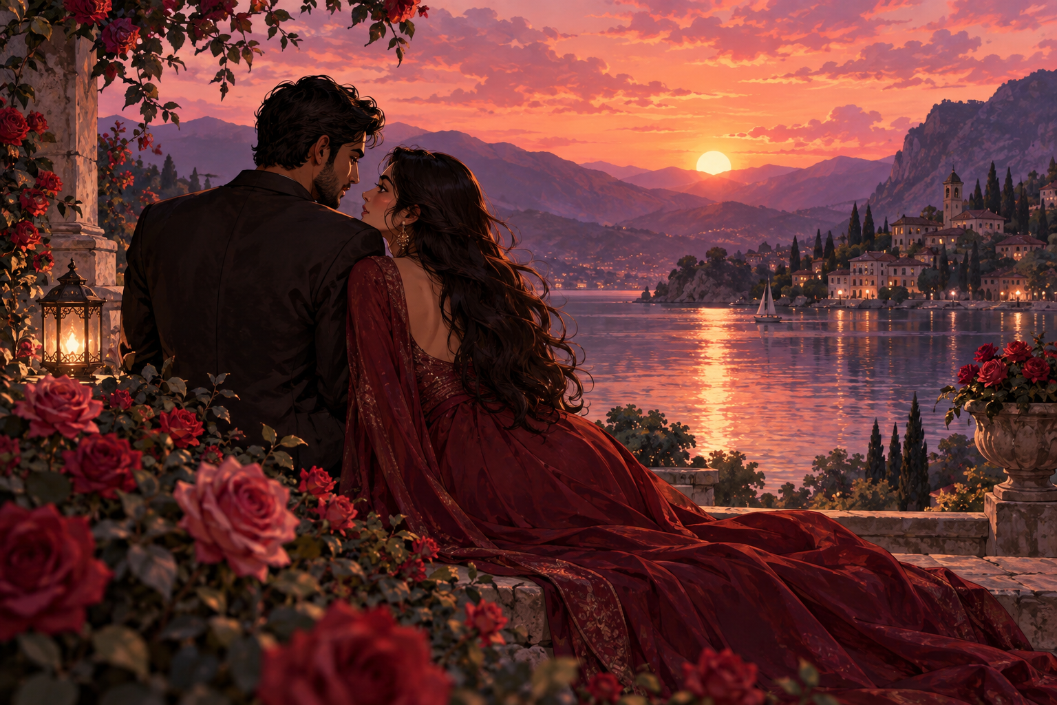 Storybook illustration of a couple sharing a quiet sunset by a lake