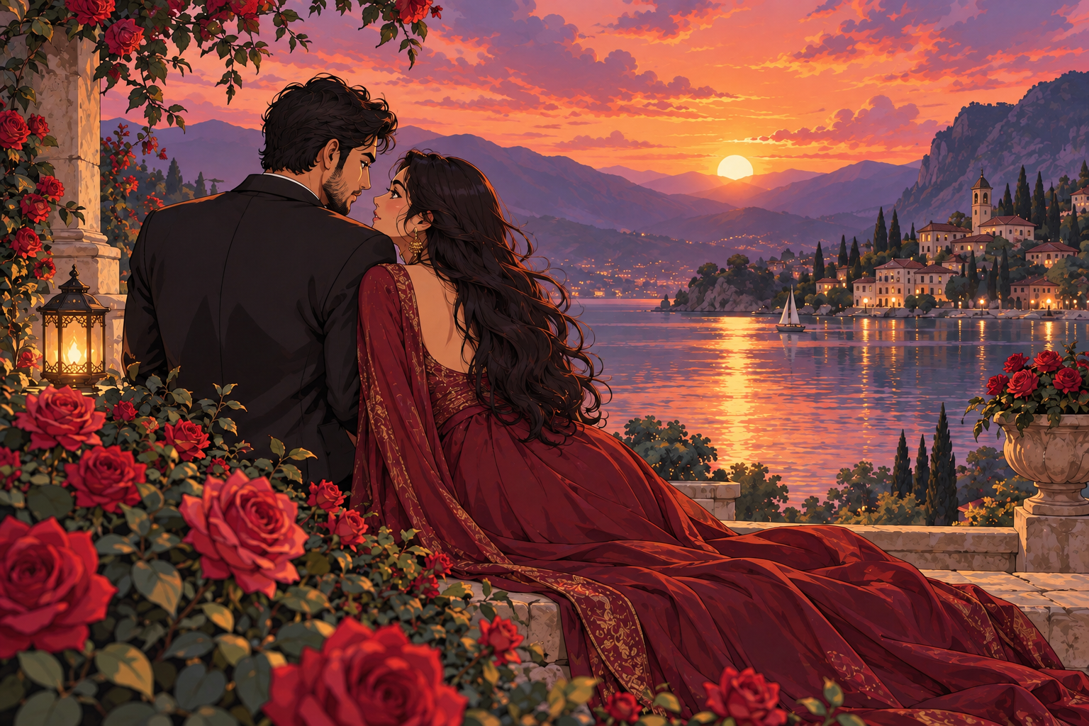 The same couple, pose and sunset lake rendered in anime-inspired illustration style