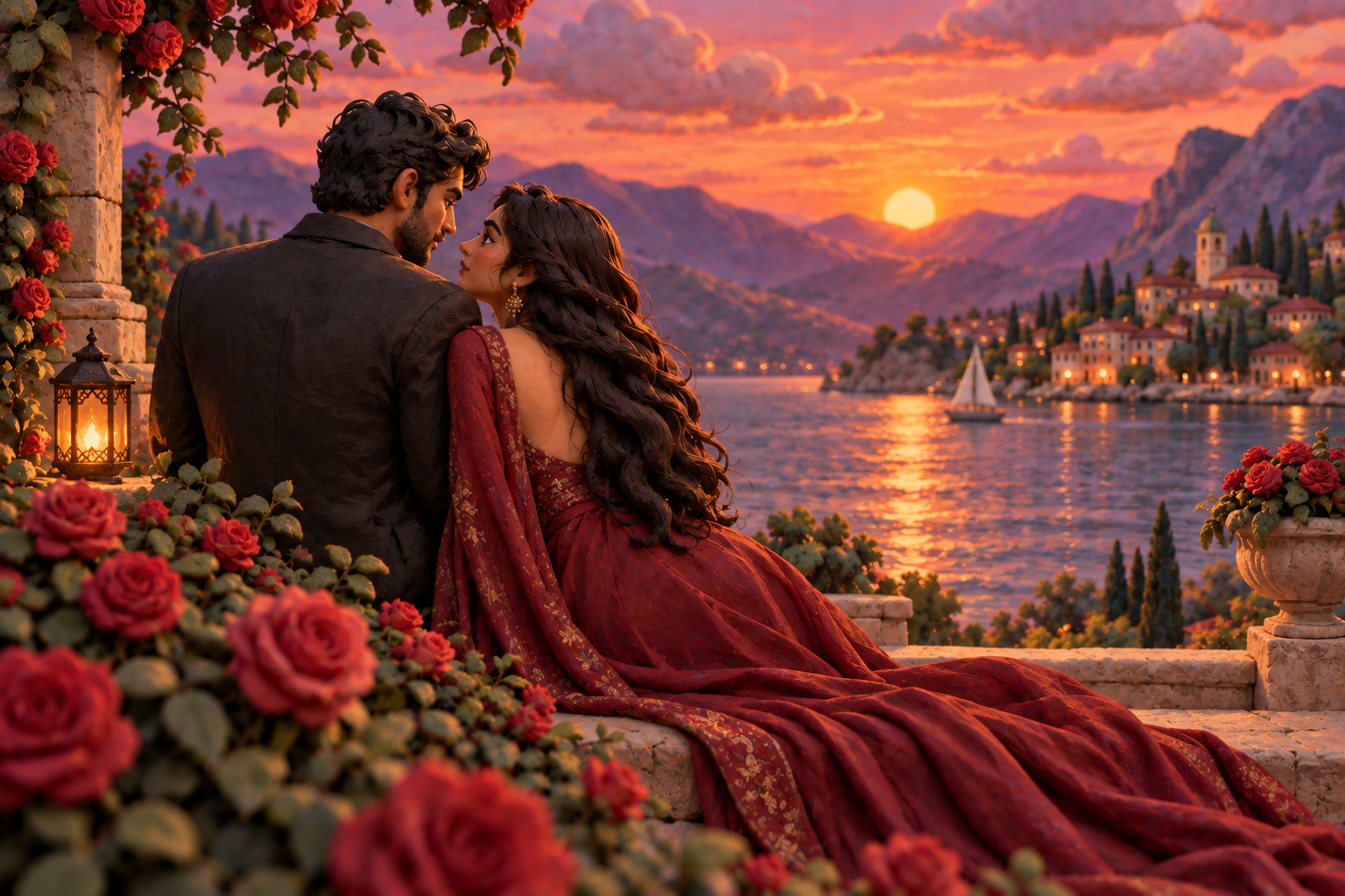 The same couple, pose and sunset lake rendered in clay-look cartoon style