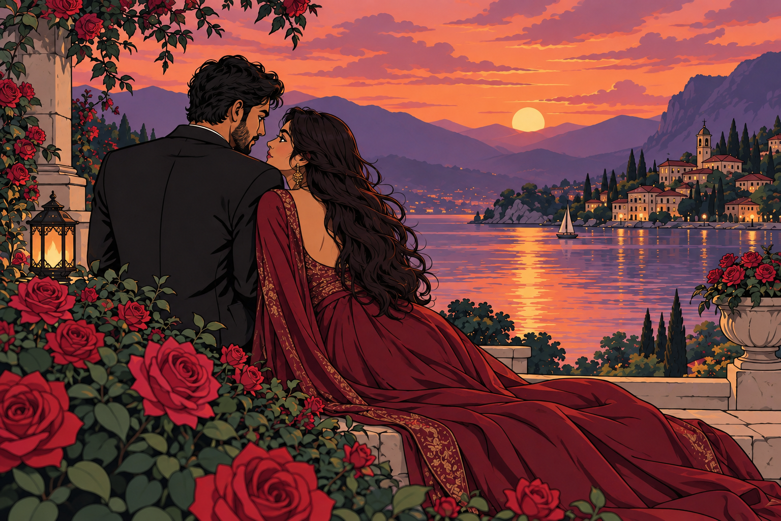 The same couple, pose and sunset lake rendered in flat 2d cartoon style