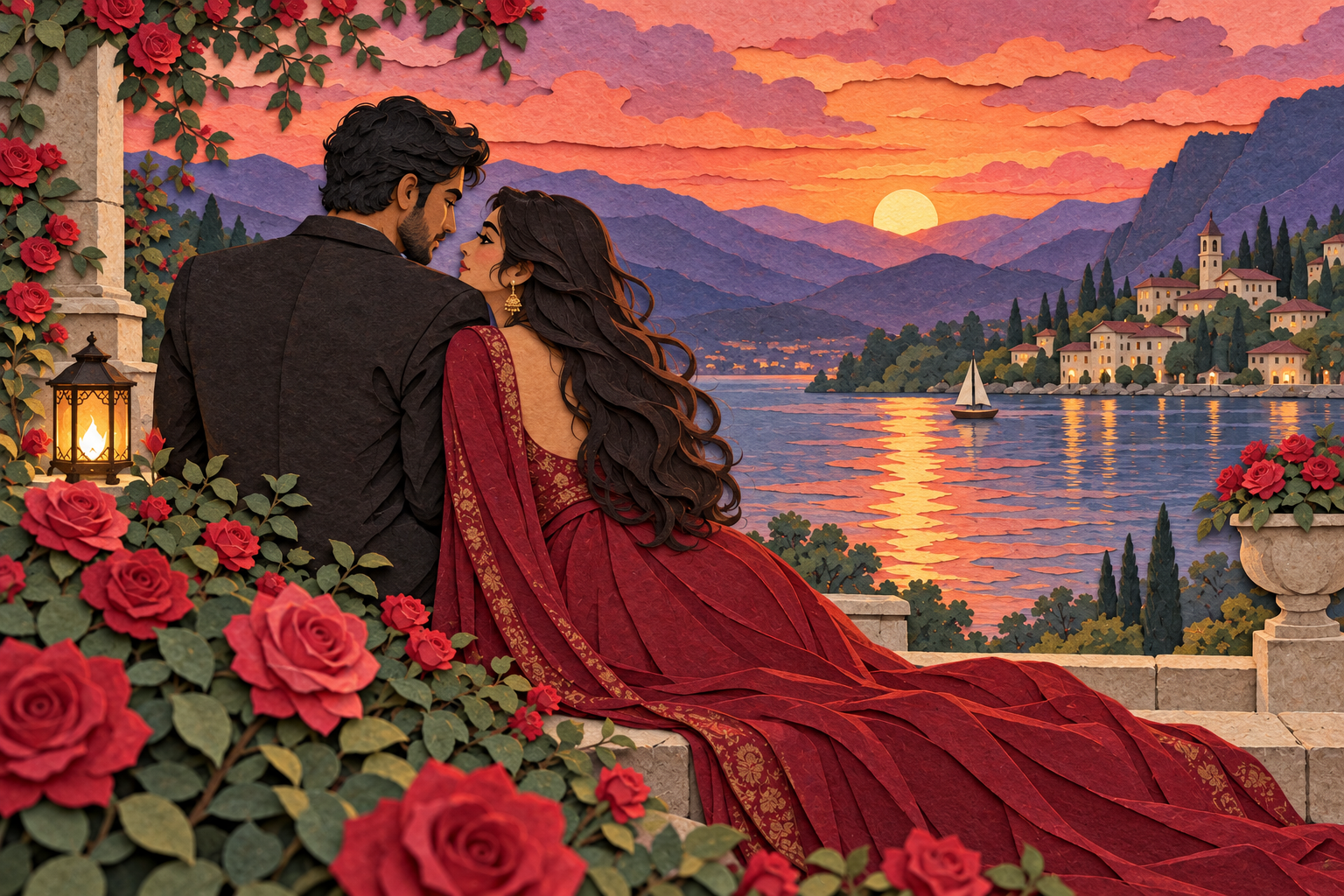 The same couple, pose and sunset lake rendered in paper cut-out style
