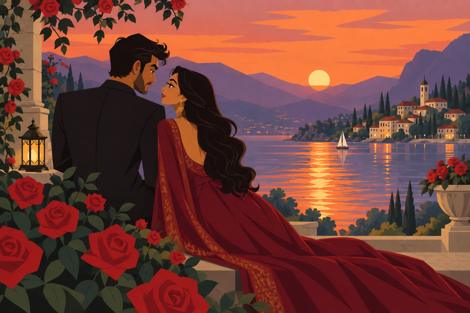 The same couple, pose and sunset lake rendered in 1960s retro cartoon style