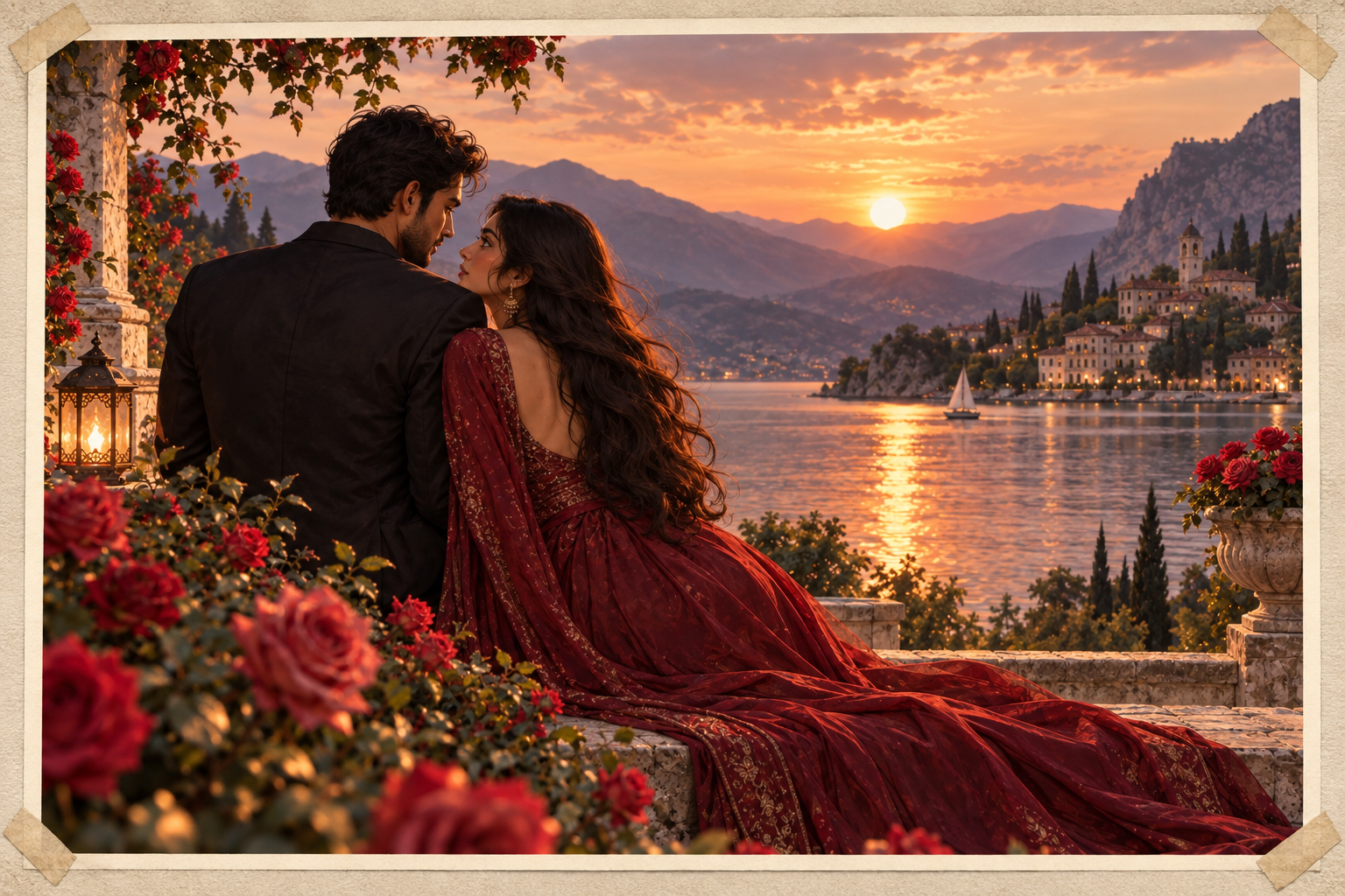 The same couple, pose and sunset lake rendered in photo scrapbook style