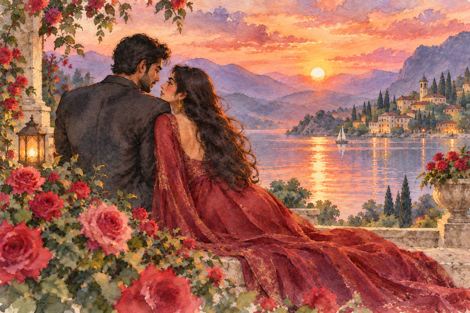 The same couple, pose and sunset lake rendered in soft painted illustration style
