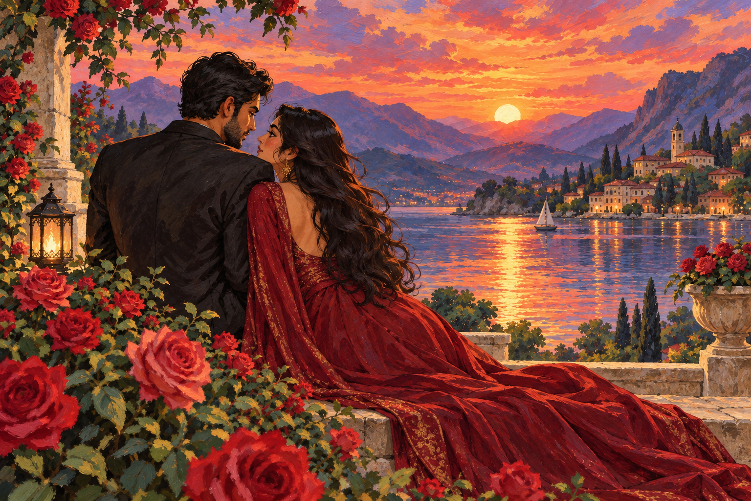 The same couple, pose and sunset lake rendered in storybook illustration style